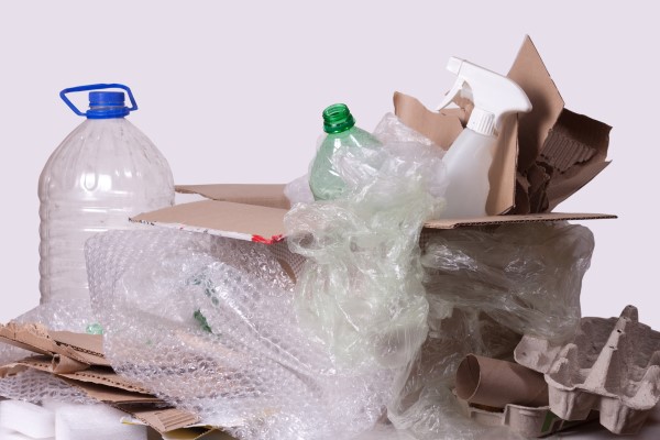 a pile of plastic, card and paper rubbish, including bubble wrap